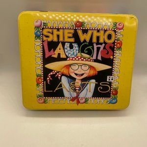 EUC Mary Engelbreit "She Who Laughs Lasts" Yellow Metal Tin